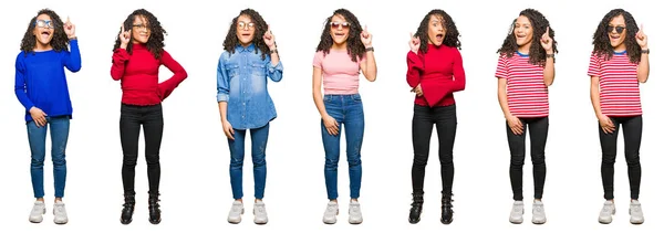 Collage Hermosa Mujer Joven Con Pelo Rizado Sobre Fondo Blanco —  Fotos de Stock