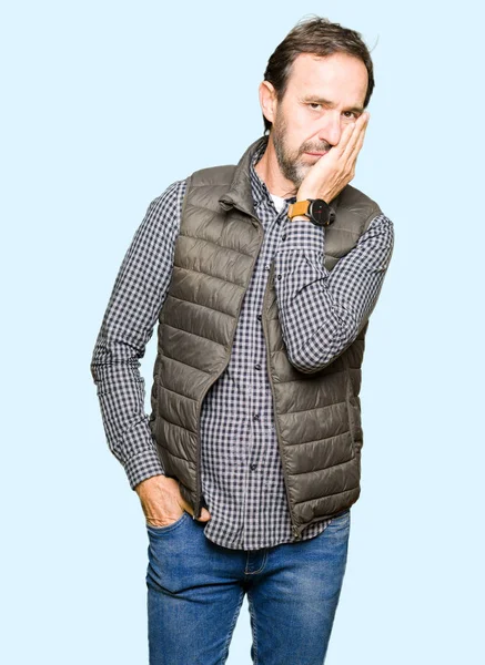 Middle Age Handsome Man Wearing Winter Vest Thinking Looking Tired — Stock Photo, Image