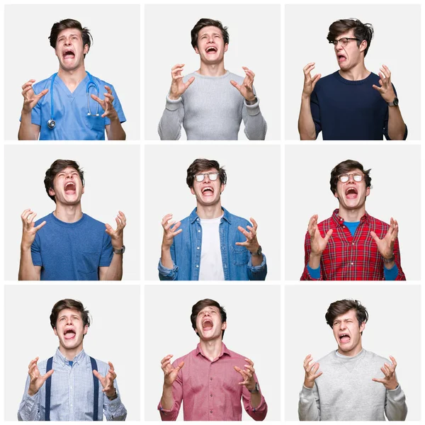 Collage Van Jonge Man Witte Achtergrond Gek Geïsoleerd Gek Schreeuwen — Stockfoto