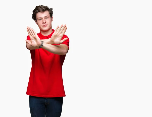 Jovem Homem Bonito Vestindo Camiseta Vermelha Sobre Fundo Isolado Expressão — Fotografia de Stock