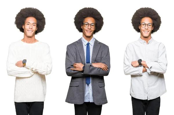 Collage Giovane Uomo Con Capelli Afro Sfondo Bianco Isolato Volto — Foto Stock