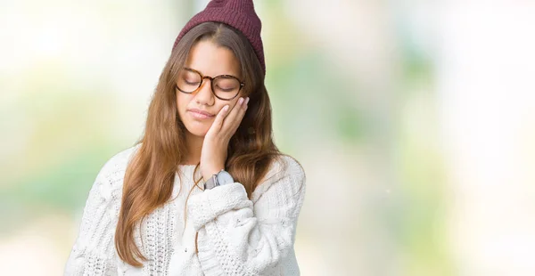 Young Beautiful Brunette Hipster Woman Wearing Glasses Winter Hat Isolated — Stock Photo, Image