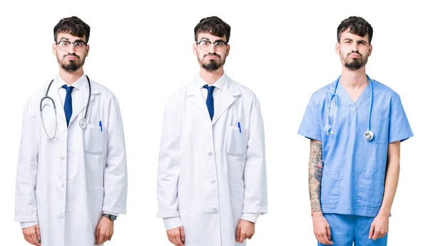 Collage Medico Che Indossa Cappotto Medico Sfondo Isolato Gonfiore Guance — Foto Stock