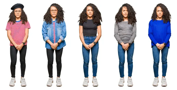Koláž Krásné Mladé Ženy Kudrnatými Vlasy Nad Bílým Pozadím Izolované — Stock fotografie