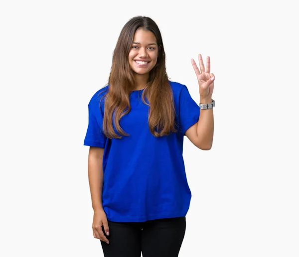 Mladá Krásná Bruneta Žena Nosí Modré Tričko Izolované Pozadí Zobrazení — Stock fotografie