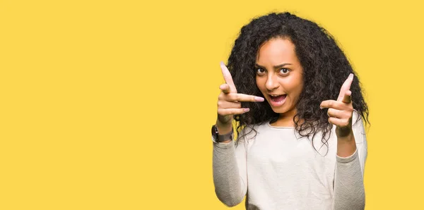 Young Beautiful Girl Curly Hair Wearing Casual Sweater Pointing Fingers — Stock Photo, Image