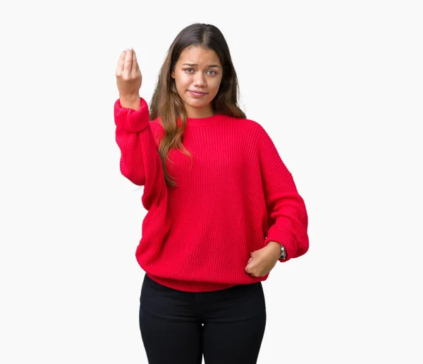 Joven Hermosa Morena Vistiendo Suéter Rojo Invierno Sobre Fondo Aislado —  Fotos de Stock