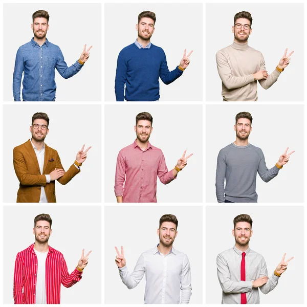 Koláž Pohledný Mladý Obchodní Muž Nosí Různé Vypadá Bílé Izolované — Stock fotografie