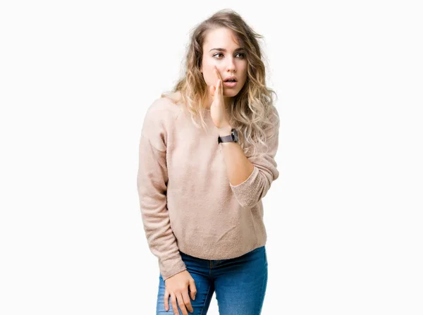Beautiful Young Blonde Woman Wearing Sweatershirt Isolated Background Hand Mouth — Stock Photo, Image