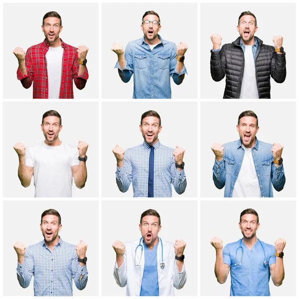 Collage Eines Attraktiven Jungen Mannes Vor Weißem Hintergrund Der Überrascht — Stockfoto