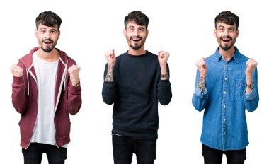 İzole arka plan kutlama üzerinde genç adam kolaj şaşırdım ve başarı için kaldırdı kollarını açarak hayrete ve gözleri açık. Kazanan kavramı.