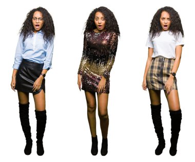 Parti giyen genç kadın kolaj izole beyaz arka plan üzerinde şok yüzüne bakıyor, şüpheci ve alaycı görünümlü, açık ağız ile şaşırttı