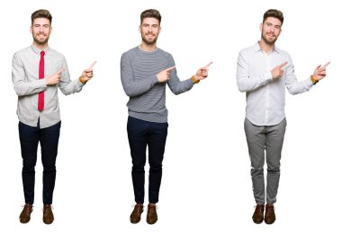 Beyaz izole arka plan üzerinde yakışıklı genç iş adamı Kolaj gülümseyerek ve yan iki el ve parmak ile işaret kamera bakarak.