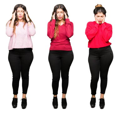 Beyaz izole arka plan üzerinde güzel genç kadının kolaj baş ağrısı için el ile çünkü stres. Acı çeken migren.