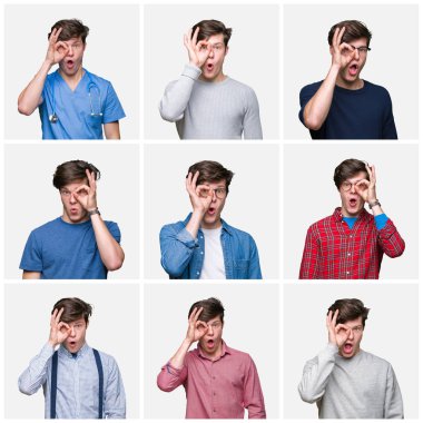 Beyaz izole arka plan üzerinde genç adam kolaj sürpriz yüz, göz parmaklarıyla bakarak şok ok jest yapıyor. İnanılmaz ifade.