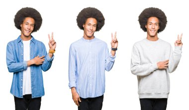 Mutlu yüz zafer işareti yaparken kameraya göz kırpıyor ile gülümseyen beyaz izole arka plan üzerinde afro saçlı Genç adam kolaj. İki numaralı.