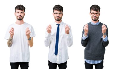 Maaş ödeme için milyoner iş soran genç adam izole arka plan yapıyor para hareketi el ile kolaj