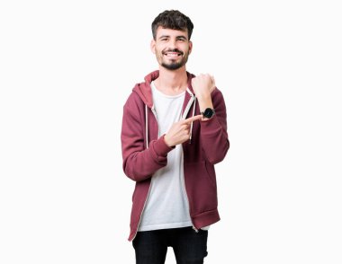 Genç yakışıklı adam acele işaretleme izlemek için zaman, sabırsızlık, üzgün ve kızgın son tarih gecikme için izole arka plan üzerinde