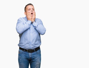 Orta yaş Arap iş adamı izole arka yüz, depresyon ve üzüntü, kapsayan bıktınız eller üzerinde üzgün ve sorun için tahriş