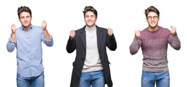 Kolaj genç yakışıklı iş adamı izole arka kolları olan başarı için heyecan üzerinde bir zafer kutluyor gülümseyen kaldırdı. Kazanan kavramı.