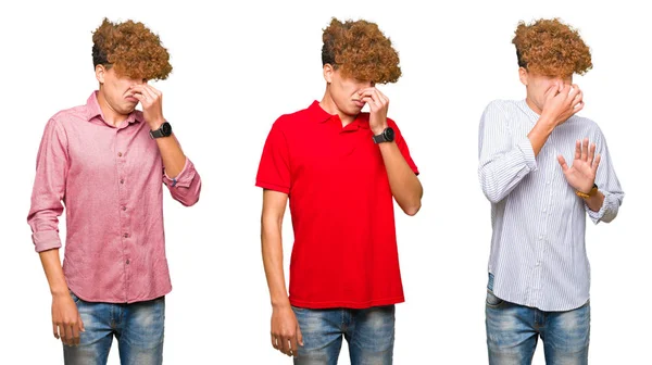 Collage Eines Jungen Geschäftsmannes Mit Lockigem Haar Vor Isoliertem Weißen — Stockfoto