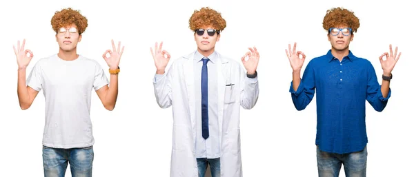 Collage Hombre Joven Con Diferentes Miradas Gafas Sobre Fondo Blanco —  Fotos de Stock