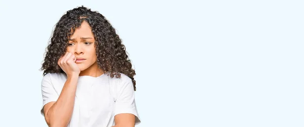 Young Beautiful Woman Curly Hair Wearing White Shirt Looking Stressed — Stock Photo, Image