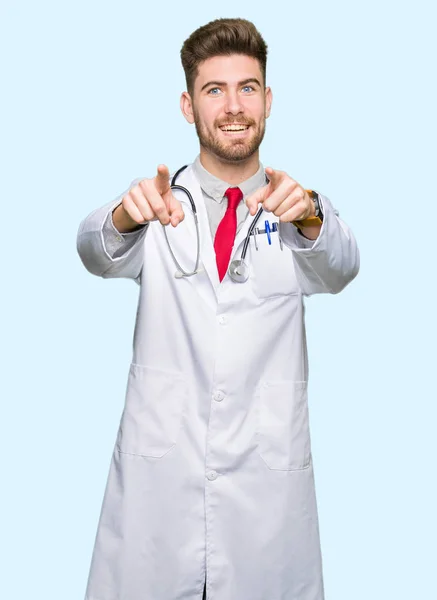 Young Handsome Doctor Man Wearing Medical Coat Pointing You Camera — Stock Photo, Image