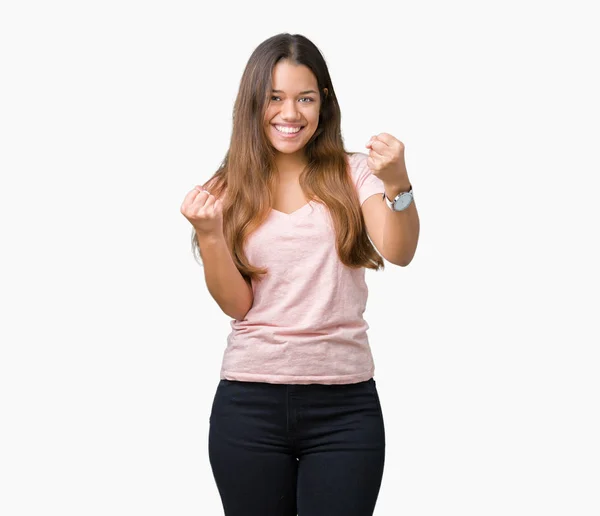 Joven Mujer Morena Hermosa Con Camiseta Rosa Sobre Fondo Aislado —  Fotos de Stock