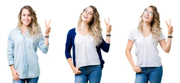 Collage Young Beautiful Blonde Girl Isolated Background Showing Pointing Fingers — Stock Photo, Image