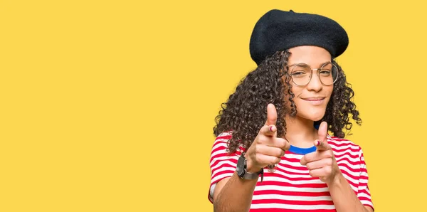 Young Beautiful Woman Curly Hair Wearing Glasses Fashion Beret Pointing — Stock Photo, Image