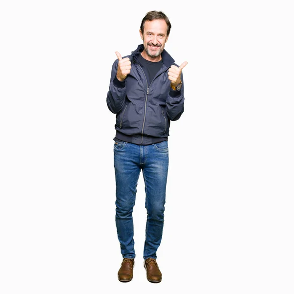 Middle Age Handsome Man Wearing Jacket Success Sign Doing Positive — Stock Photo, Image
