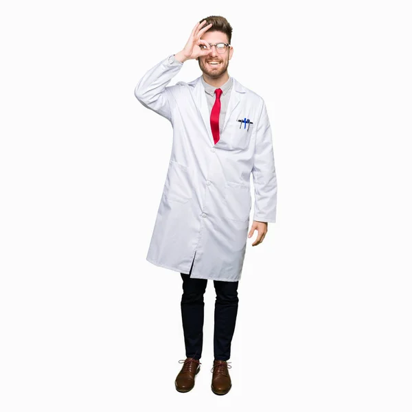 Young Handsome Scientist Man Wearing Glasses Doing Gesture Hand Smiling — Stock Photo, Image