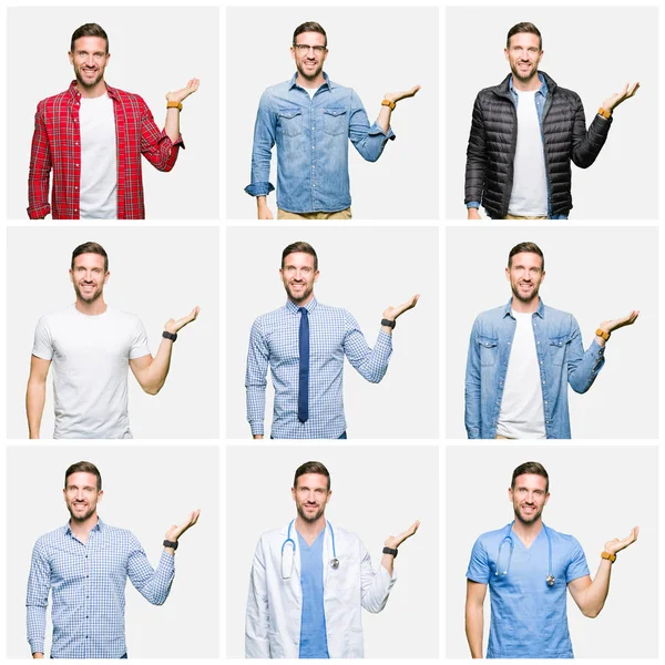 Collage Van Aantrekkelijke Jonge Man Witte Geïsoleerde Achtergrond Lacht Vrolijk — Stockfoto