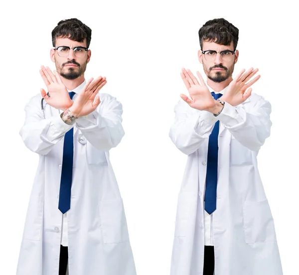 Collage Young Doctor Man Wearing Medical Coat Rejection Expression Crossing — Stock Photo, Image