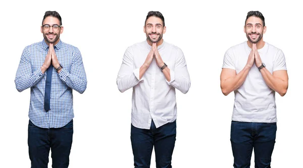 Colagem Homem Negócios Bonito Sobre Fundo Isolado Branco Orando Com — Fotografia de Stock