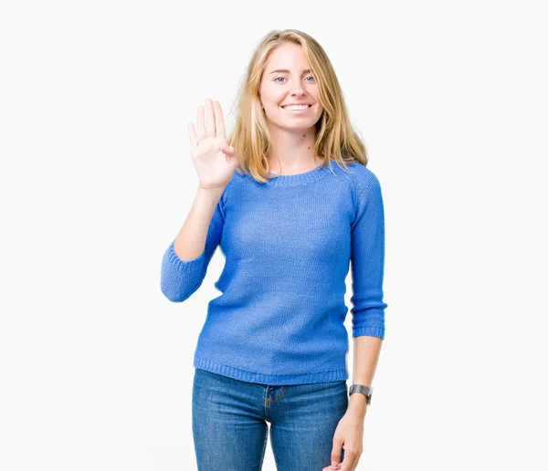 Mooie Jonge Vrouw Draagt Blauwe Trui Geïsoleerde Achtergrond Afzien Zeggen — Stockfoto