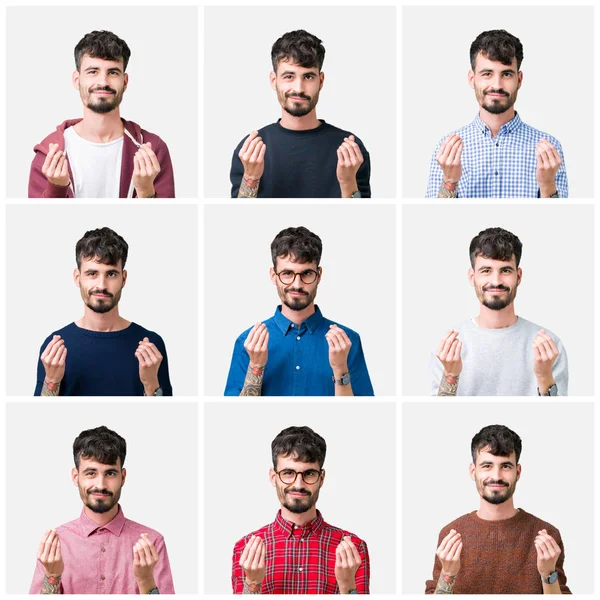 Collage Giovane Uomo Sfondo Isolato Facendo Gesto Denaro Con Mano — Foto Stock