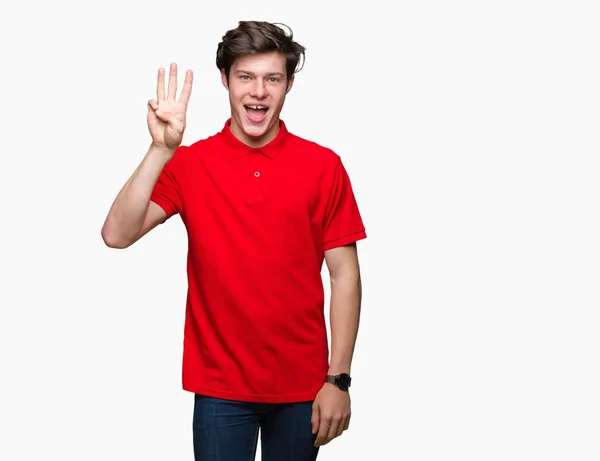 Jeune Bel Homme Portant Shirt Rouge Sur Fond Isolé Montrant — Photo
