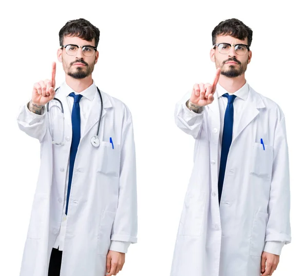 Collage Eines Jungen Arztes Medizinischem Mantel Mit Erhobenem Finger Und — Stockfoto