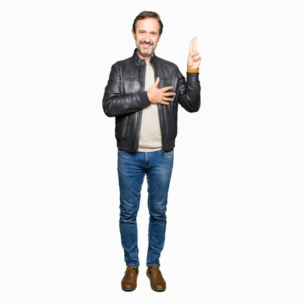 Middle Age Handsome Man Wearing Black Leather Jacket Swearing Hand — Stock Photo, Image