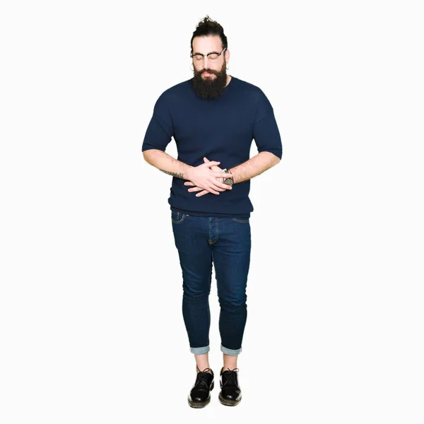 Jeune Homme Hipster Avec Les Cheveux Longs Barbe Portant Des — Photo