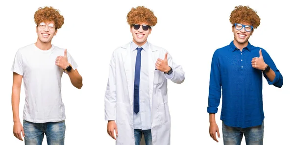 穿着不同长相 戴着眼镜的年轻人 在孤立的白色背景上 用手竖起欢快的大拇指 批准表达式 以显示成功的相机 — 图库照片