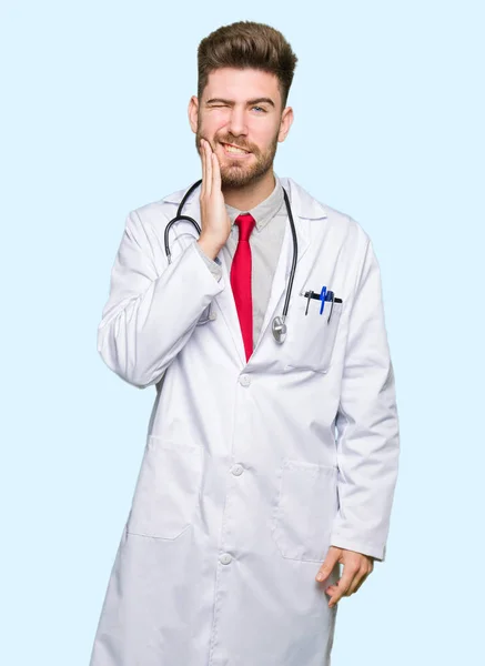 Young Handsome Doctor Man Wearing Medical Coat Touching Mouth Hand — Stock Photo, Image