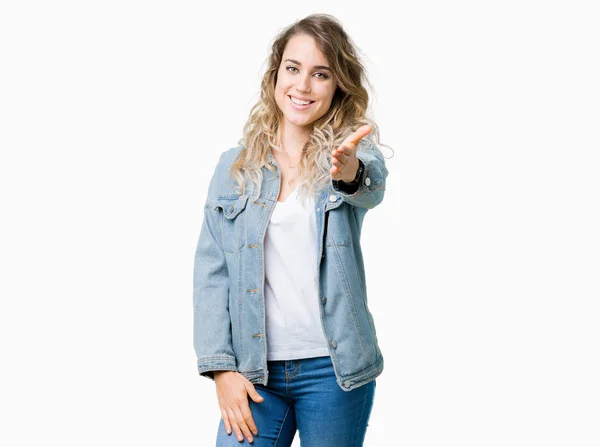 Bella Giovane Donna Bionda Che Indossa Giacca Jeans Sfondo Isolato — Foto Stock