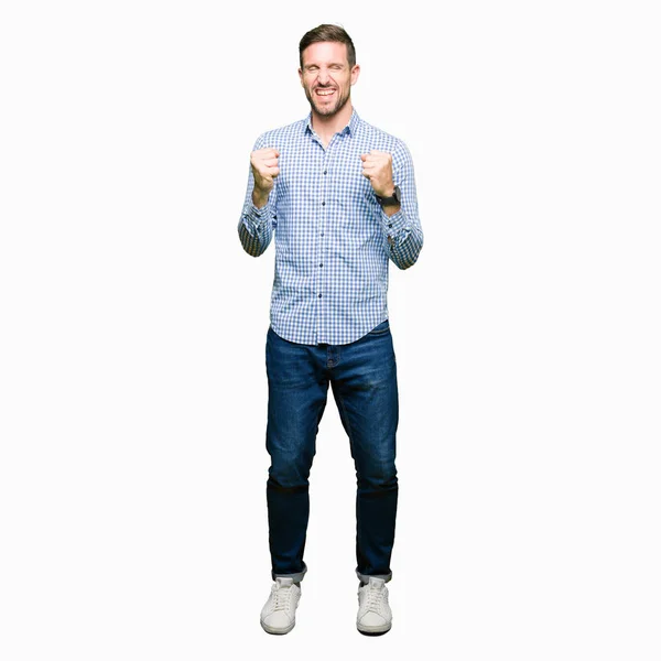 Hombre Negocios Guapo Con Ojos Azules Muy Feliz Emocionado Haciendo —  Fotos de Stock