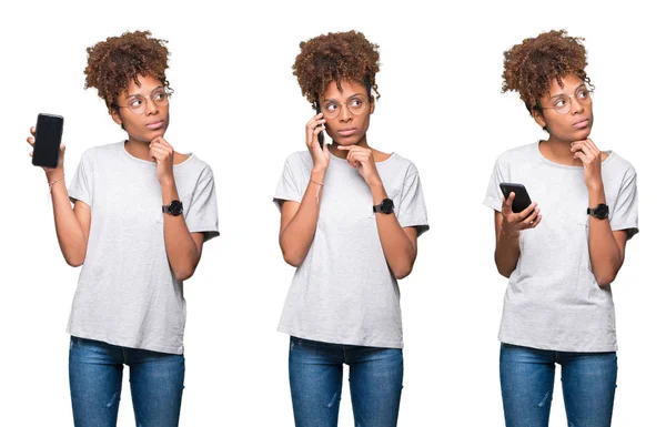질문에 스마트폰 심각한 얼굴을 아프리카 소녀의 콜라주 스러운 아이디어 — 스톡 사진