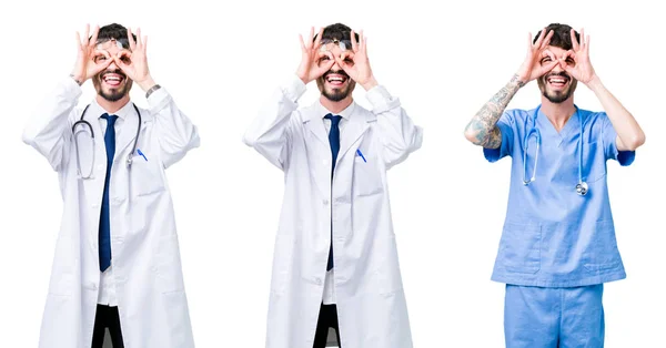 Κολάζ Του Γιατρού Άνθρωπος Φορώντας Ιατρικό Παλτό Πάνω Από Απομονωμένο — Φωτογραφία Αρχείου