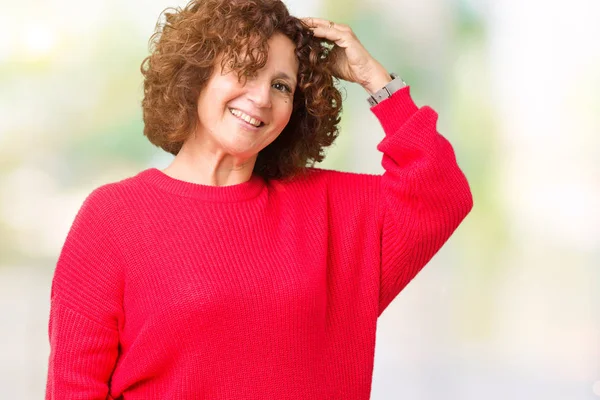 Hermoso Medio Ager Senior Mujer Rojo Suéter Invierno Sobre Fondo — Foto de Stock