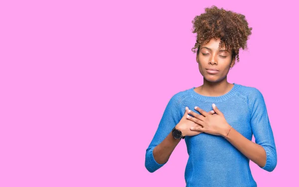 Beautiful Young African American Woman Isolated Background Smiling Hands Chest — Stock Photo, Image